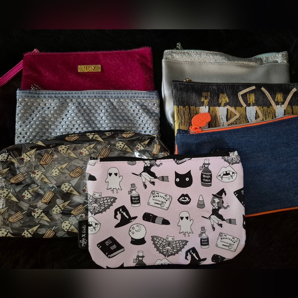 Bundle Of 7 Ipsy Cosmetic Bags Set - Pink, Silver, Black, Blue